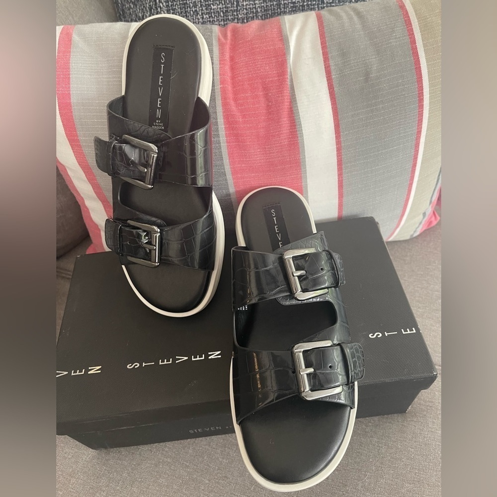 New Steven Steve Madden black slides sandals 6.5 $99 FINAL SALE - Picture 3 of 5